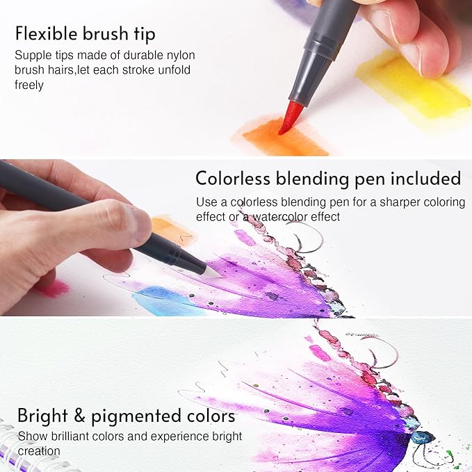12 Colors Blendable Watercolor Pens 2025 Upgrade Water Based Paint Set Double Tip Watercolor Markers with 1 Water Brush Pen Coloring Pens Drawing Markers with Brush Tip for Artists&Beginners