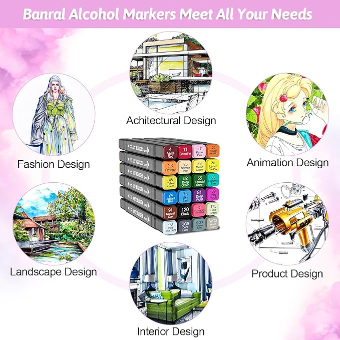 Banral Alcohol Markers, 24 Colors Dual Tip Alcohol Based Art Marker Set for Artists Adults, Permanent Drawing Pens for Adult Coloring Sketching Illustration