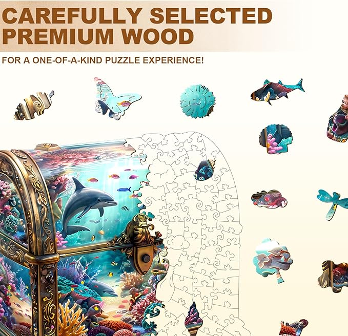 Wooden Puzzles for Adults, Treasure Chest Ocean Wooden Jigsaw Puzzle Unique Shape Animal Wood Puzzles Adult 3D Visual Effect, Birthday Gifts for Puzzle Lovers Family Games (L-13.4 * 12.9in-260pcs)
