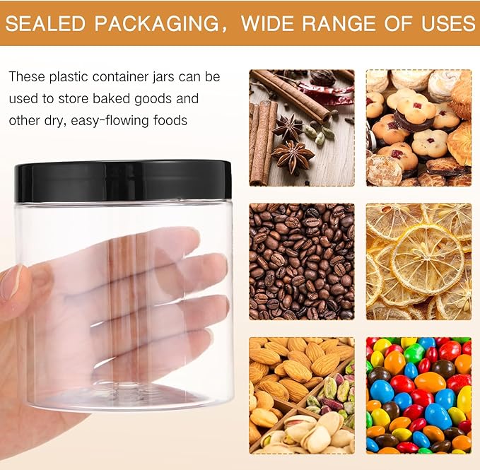 SATINIOR 12 Pack 16 oz Plastic Container Jars with Lids Round Clear Travel Cosmetic Container Slime Jars for Toiletries, Lotion, Cream, Ointments, Makeup, Rhinestone, Samples, Kitchen Storage(Black)