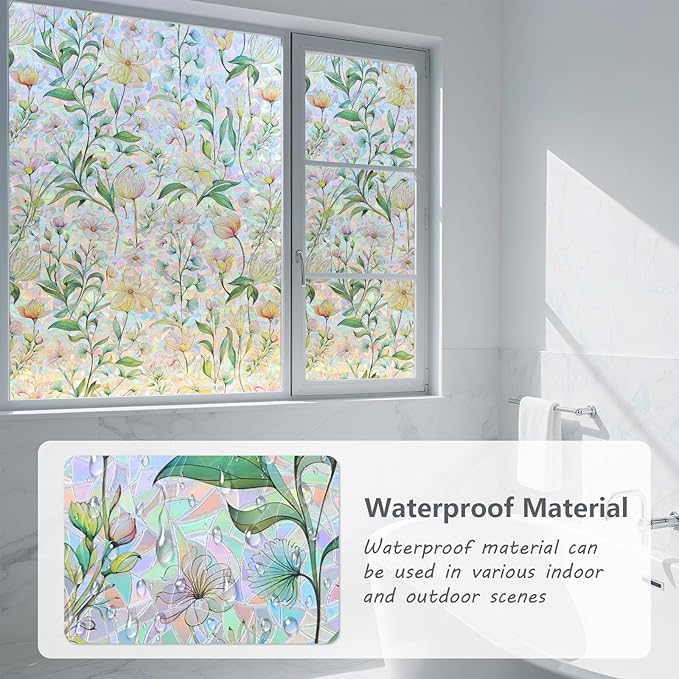 FINNEZ Window Privacy Film Stain Glass Film Flowers Rainbow Window Film Window Clings Non-Adhesive Reusable Decorative for Home（Forest Rainbow，17.5 Inch x 13.1 Feet）