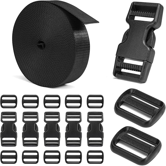 Buckles and Straps Set 1": 6 Yards of Thick Nylon Webbing, 6-Pack Heavy Duty Adjustable Quick Side Release Plastic Buckles, 12 Tri-Glide Slide Clips, Black (1-Inch Combo Set)