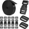 Buckles and Straps Set 1": 6 Yards of Thick Nylon Webbing, 6-Pack Heavy Duty Adjustable Quick Side Release Plastic Buckles, 12 Tri-Glide Slide Clips, Black (1-Inch Combo Set)