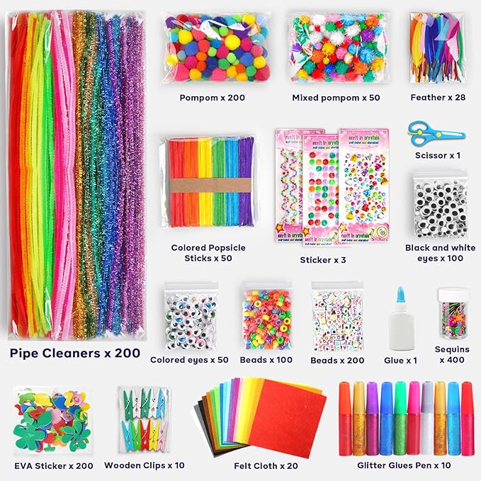 FUNZBO Arts and Crafts Supplies for Kids -Kids Craft Kit with Pipe Cleaners, Popsicle Sticks, Pompoms & Stickers, All in One Homeschool Supplies, Toys Crafts for Girls Boys Age 4+