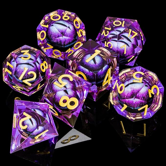 ARUOHHA DND Resin Dice Dragon Eye Dice Liquid Core Purple Sharp Edged Dice Set with Gift Box, Dungeons Polyhedral D and D Dice Set Compatible with D&D Role Playing Game D20 D12 D10 D8 D6