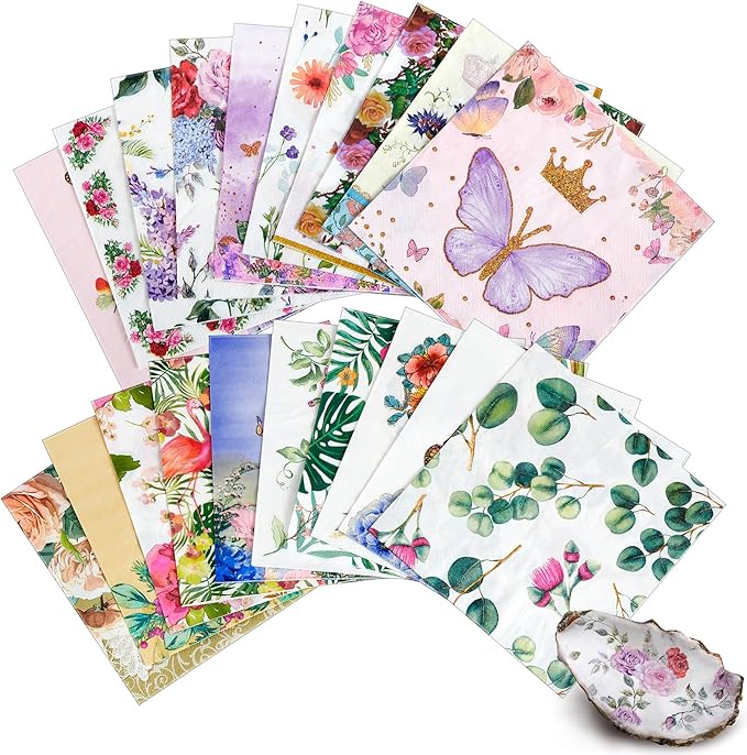 Crtiin 20 Pack Assorted Floral Napkins for Decoupage Toilet Napkins Flower Cocktail Decorative Paper for Birthday Party Beautiful Gorgeous, 20 Styles Each 6.5 inches(Style 1)