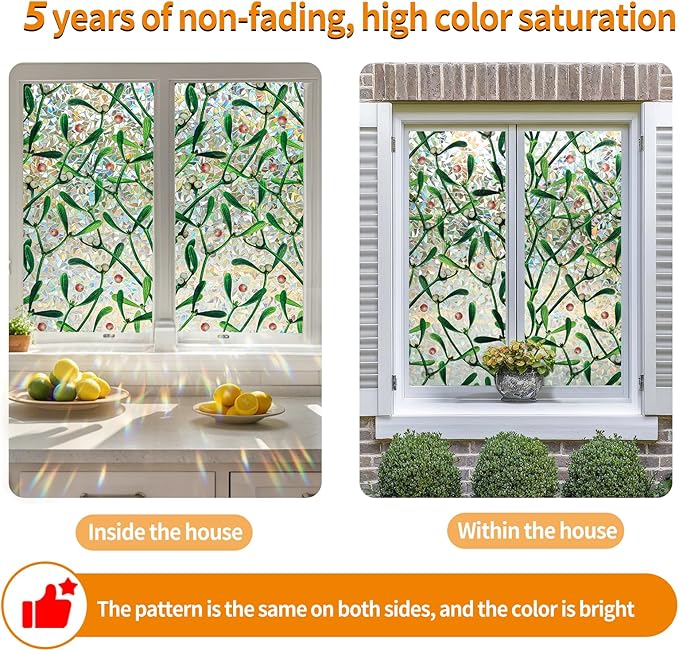 Window Privacy Film Stain Glass Window Film Rainbow Window Film Window clings Non-Adhesive Reusable Decorative for Room (Mistletoe Rainbow, 17.5 x 78.7 in)