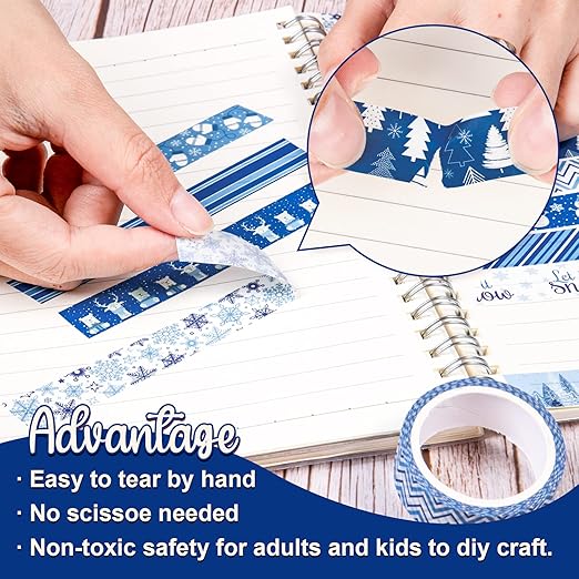 Whaline 12 Rolls Winter Washi Tape Blue White Snowflake Snowman Holiday Masking Tape Xmas Tree Reindeer Assorted Pattern Washi Tape for Scrapbook Journal DIY Craft Gift Wrapping Party Decor