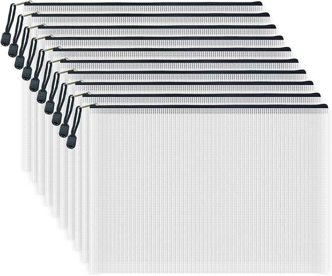 AUSTARK 10 Pcs Zipper File Bags, Waterproof Plastic Mesh Pouch for Office School, Board Game Storage Bags (A4 Size 13.4''x9.4'', White and Black)