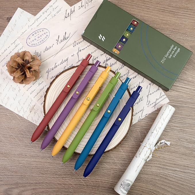 Gel Pens, 6 Pack Gold Retro 0.5mm Black Ink Pens Fine Point Smooth Writing Pens for School Office Supplies, Gifts for Women Girls