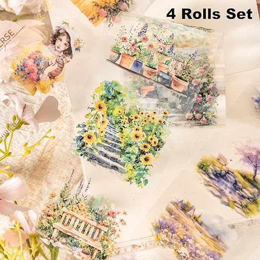 Garden and Girl PET Tape Set, 4 Rolls Pre-Cut Adhesive Tapes for Scrapbooking, Journaling, DIY Crafts, and Art Supplies