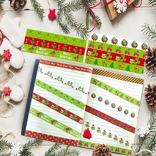 12 Rolls Christmas Washi Tape - Festive Cartoon Characters, Green & Red Xmas Decorative Masking Tape for Scrapbooking, Journals, Calendars, DIY Crafts & Gift Wrapping (16.4ft x 0.6")"