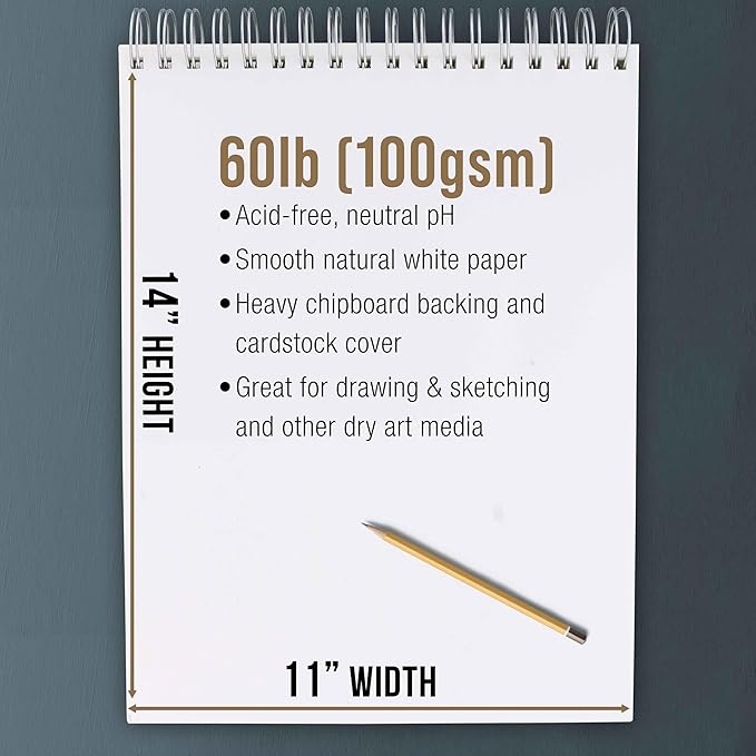 U.S. Art Supply 11"x14" Top Spiral Bound Sketch Book, 2 Pack, 100 Sheets Each, 60lb (100gsm), Acid-Free, Artist Sketchbook, Drawing Pad for Adults & Students
