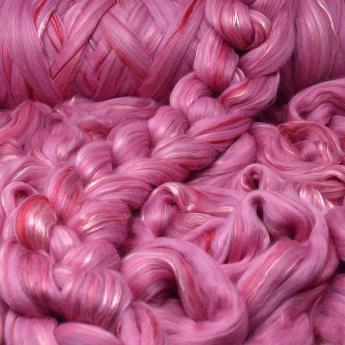 Merino Silk Luxe Tonal Designer Blend. Superfine Merino, Mulberry Silk, Tussah Silk. Top Roving for Spinning or Felting. Pink Petal 1oz
