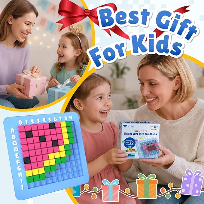 STEM Toys Pixel Art Kit for Kids - Arts and Crafts for Boys & Girls - Educational Science Kits & STEM Activities for Kids Ages 5-8-12 Gifts for 5, 6, 7, 8, 9, 10 Year Old - Brain Teasers Toy (Medium)