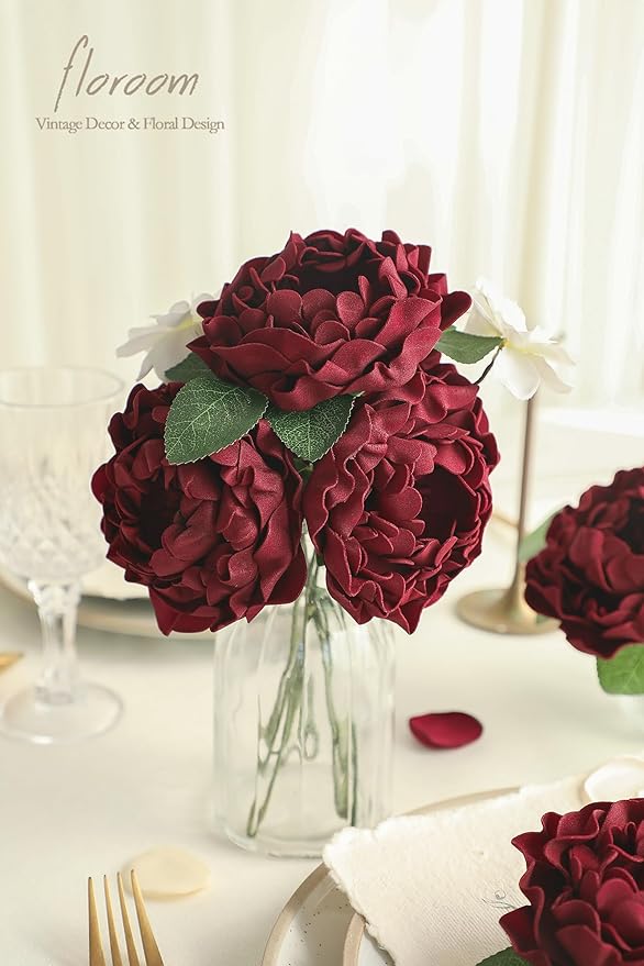 Floroom Artificial Flowers 16pcs 4" Burgundy Blooming Peonies Real Looking Foam Fake Peony with Stems for DIY Wedding Bouquets Dark Red Bridal Shower Centerpieces Floral Arrangements Tables Decoration