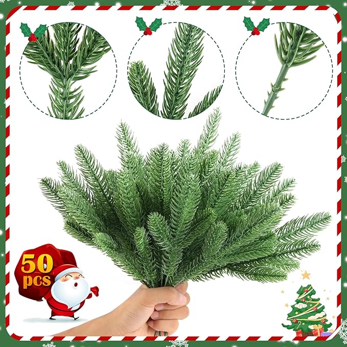 Hananona 50 Pcs Artificial Pine Branches Christmas Greenery Plants Pine Needles DIY Cedar Picks and Sprays Accessories for Christmas Garland Wreath Craft and Home Decor (50, Green)