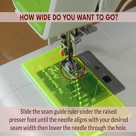 Madam Sew Seam Allowance Ruler and Magnetic Seam Guide for Sewing Machine | Perforated Seam Gauge for Perfect 1/8” to 2” Straight Line Hems | Includes 1/4” Pivot Point and 45 Degree Trim Line