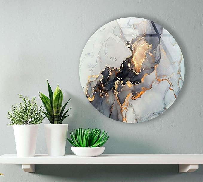 My Photostation.com 27.5''(70cm) Diameter Gold Details Gray Marble Round Glass Wall Art Tempered Glass Printing Wall Decor Large Wall Art Wall Hangings