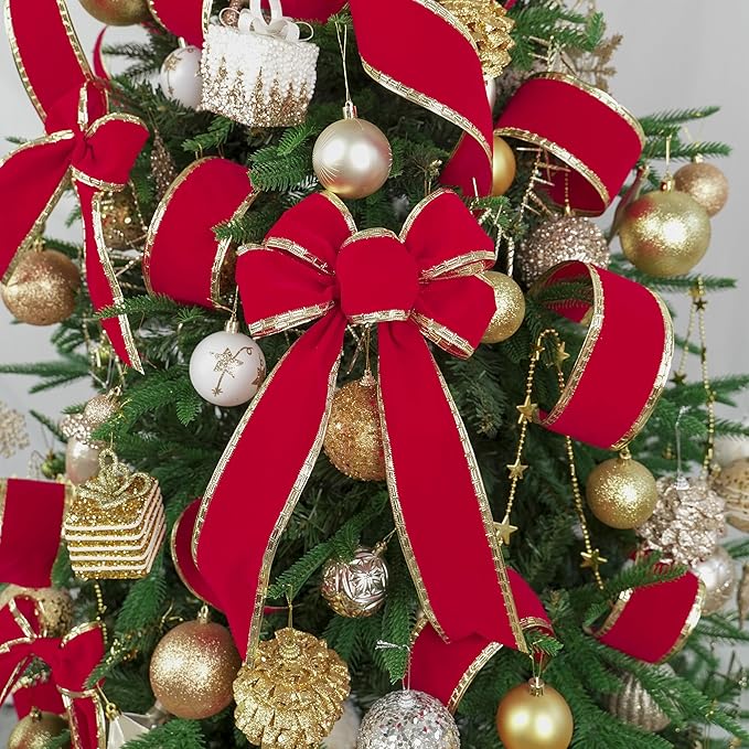 MEEDEE Red Velvet Ribbon 2.5 Inch With Gold Greek Key Edge - 10 Yards Wired Christmas Ribbon for Tree Decoration, Topper Bow, Garland