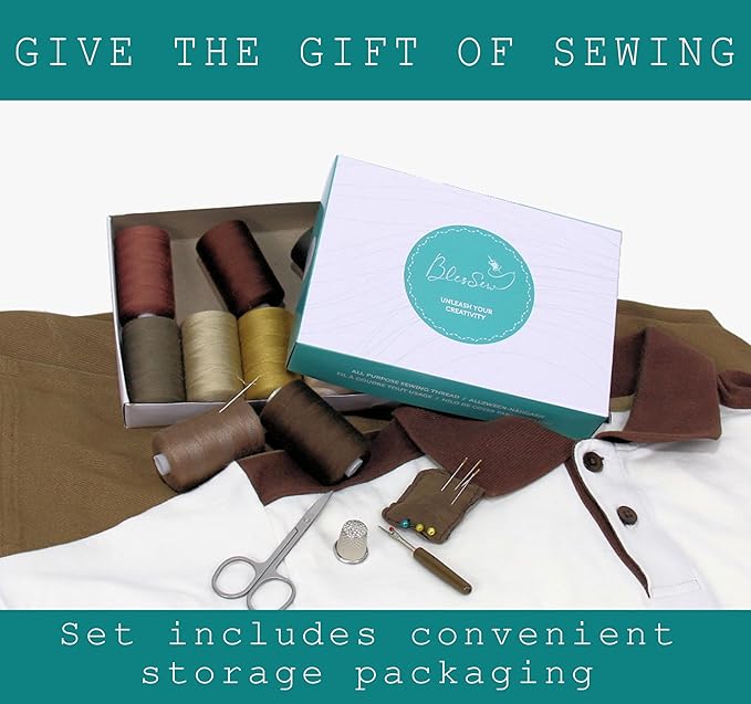 BlesSew Sewing Thread in Brown Color Tones - 10 Spools of Polyester Thread for Sewing Machine for Beginners, Hand Stitching & Quilting - 1000 yds Per Spool