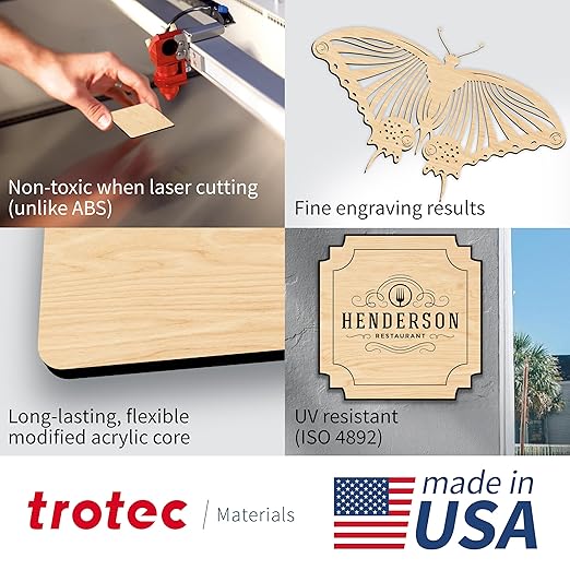 Trotec TroLase | 12"x12"x1/16", 8 Pcs | Maple/Black | 2 Ply | Modified Acrylic | Laser Engraving Double Color Plastic Sheet | Engraving Blanks for Laser, Saw, Guillotine | Made in USA