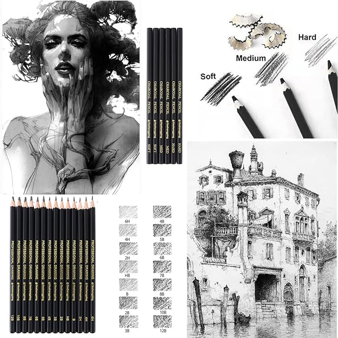 Heshengping, Sketching and Drawing Pencils Set-26 pack, Art Supplies Drawing Kit,Graphite Charcoal Pro Pencil Set, Adults Beginners Artists
