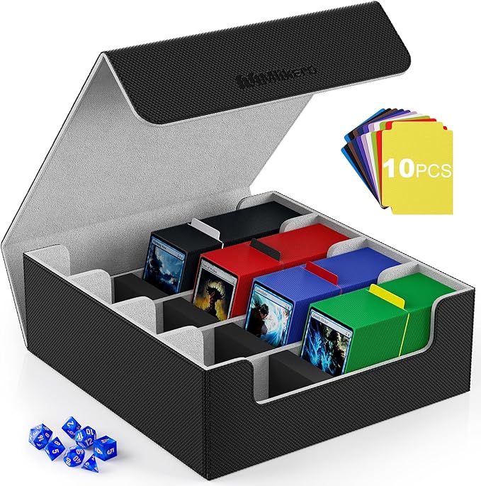 Mlikero Card Deck Case, 2400+ Trading Card Storage Box with 10 Colorful Dividers and 4 Foam Stoppers, Leather Magnetic Closure Commander Deck Box Fit for MTG, TCG (4 Rows, Black&Grey)