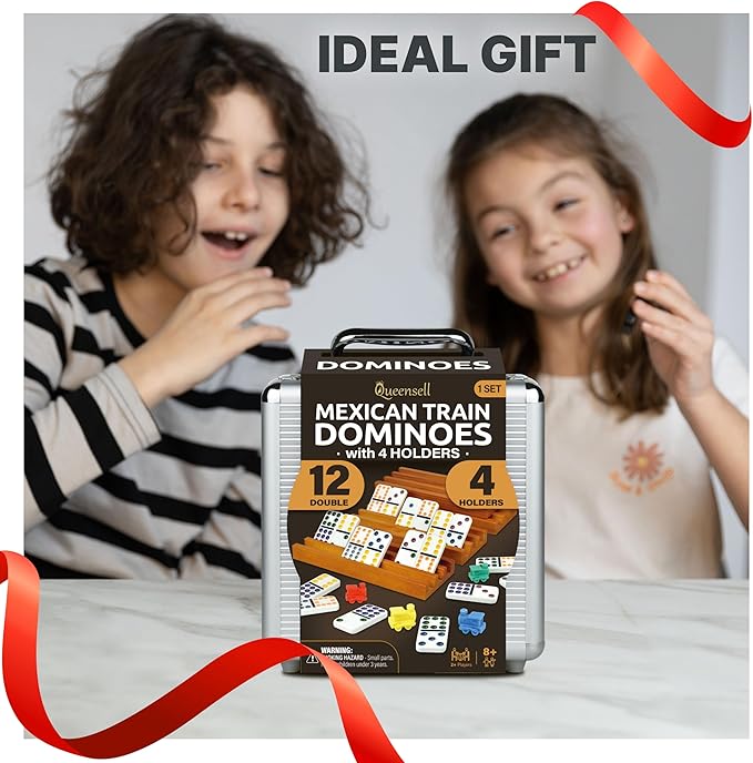 Mexican Train Dominoes Set with 4 Holders - Dominoes Double 12 with Wooden Hub and Tiles Holders - Double 12 Dominos Set for Family Game Night for Adults and Kids Ages 8 and up (D12 + 4 Holders)