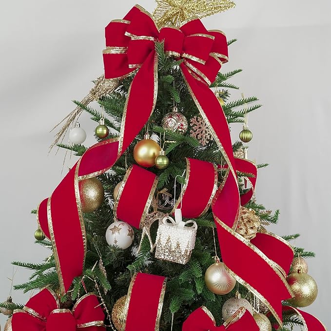MEEDEE Red Velvet Ribbon 2.5 Inch With Gold Greek Key Edge - 10 Yards Wired Christmas Ribbon for Tree Decoration, Topper Bow, Garland