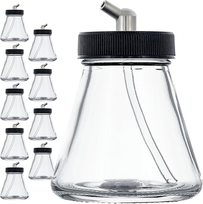 Master Airbrush (Pack of 10) TB-004 Empty 2.7-Ounce (80cc) Glass Jar Bottles with 60° Down Angle Adaptor Lid Assembly - Fits Single-Action Siphon Feed Airbrushes, Use with Master Badger Paasche, Iwata