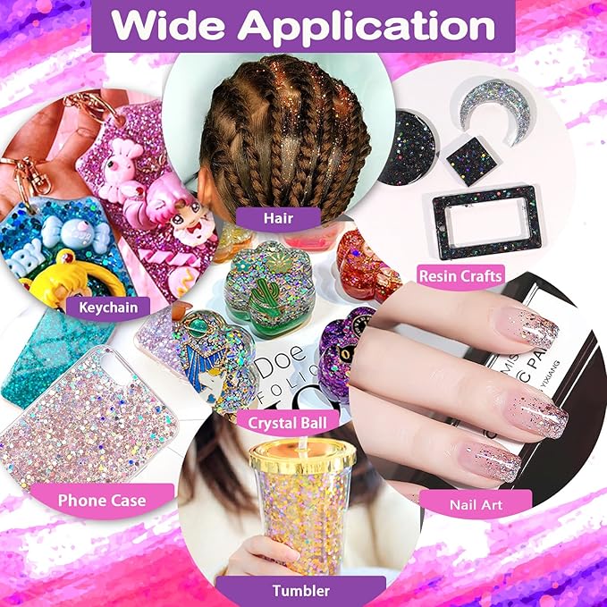 Renfio 2 Sizes Glitter, 2.11oz/60g Purple Glitter, Holographic Fine Glitter Mix Chunky Glitter for Crafts Sequins Valentines Resin Glitters PET Flakes for Nail Art Tumblers Slime - Laser Light Purple