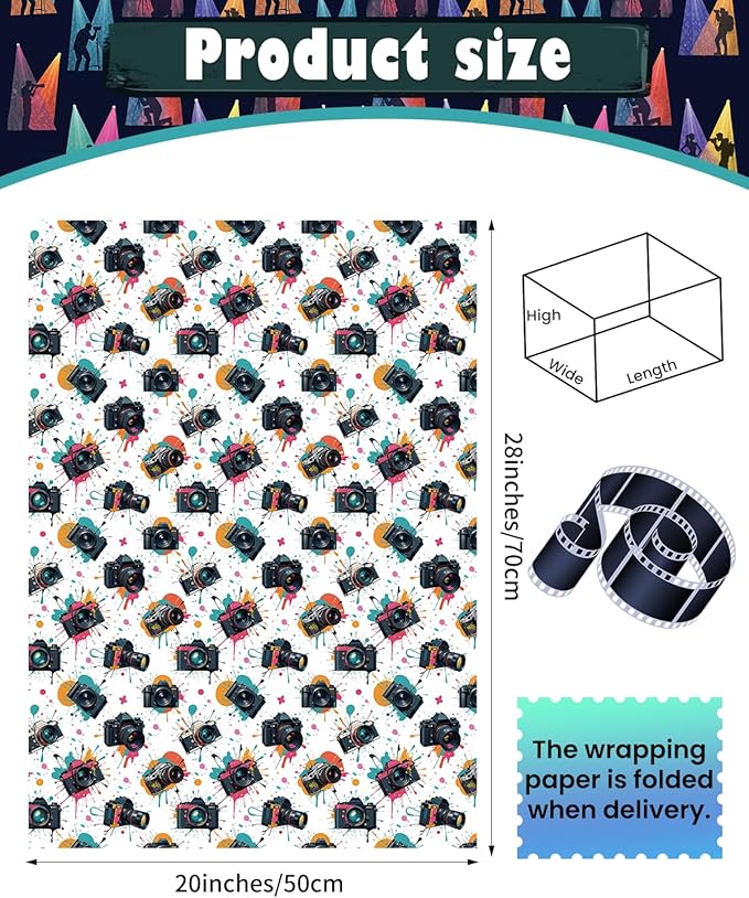 Pineraap 12 Sheets Photographer Wrapping Paper, Photography Gift Wrap Paper with Equipment, Camera, Photos & Scenes, Folded Flat Art Paper for Birthday DIY Crafts, 19.7 x 27.6 Inch (B)