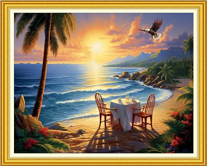 Funchey Stamped Cross Stitch Kits, DIY Cross Stitch Pattern for Adults Beginners Needlepoint Kits Embroidery Kit Arts and Crafts 11CT-Seaside Scenery 16x20 inch