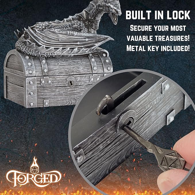 Forged Dice Co. Wyvern Dice Box with Lock and Key - Dragon Storage Chest Compatible with Dungeons and Dragons, D&D Miniatures, Dnd Accessories - Fits up to 4 Standard Polyhedral Sets - Black