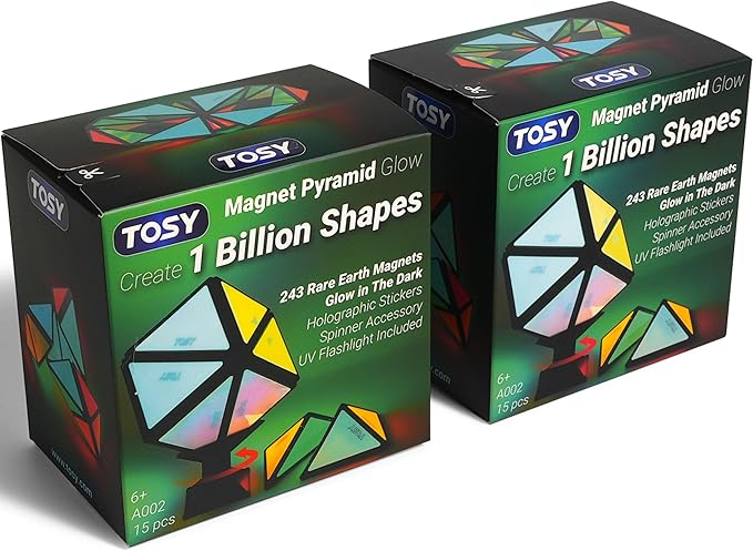 TOSY Magnet Pyramid Glow - 1 Cube Transforms into 1 Billion Shapes, 12 Pieces, 243 Rare Earth Magnets, Glowing, Holographic Design Magnet Tiles Creative Puzzle STEM/STEAM Toy, 2-Pack