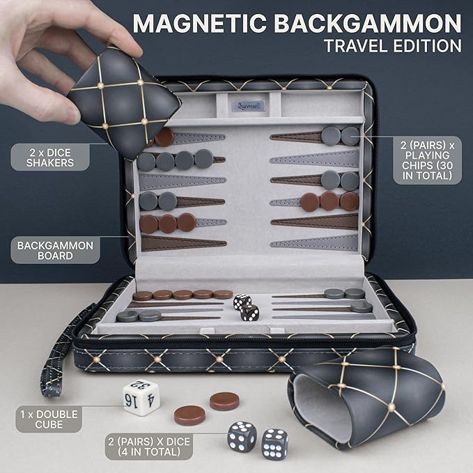 Magnetic Travel Backgammon Sets for Adults - Quality PU Leather Backgammon Board Game for Adults and Kids - 14" Gift for Man Backgammon Board with 32 Magnetic Pieces in PU Leather Case