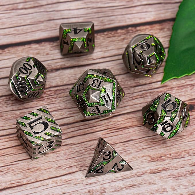 Stripe Metal Dice Set D&D,7PCS Solid Metal Glitter Dice with Gift Box,RPG Polyhedral Dice Set for DND Table Game