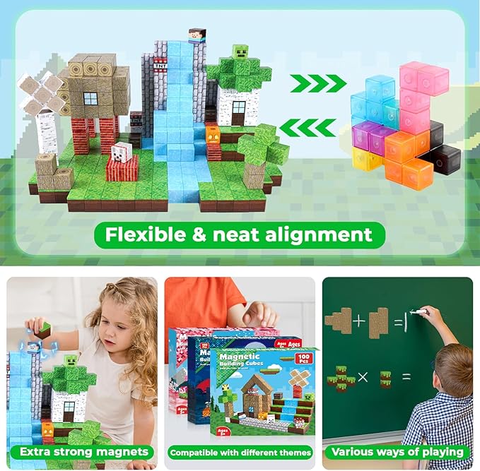 Magnetic Blocks-100PCS Magnetic Building Blocks Magnet Cube Toys Stacking, Build Forest World Set, STEM Montessori Sensory Toys for Kids Boys Girls Age 3 4 5 6 7 8 9 10 Birthday Gifts