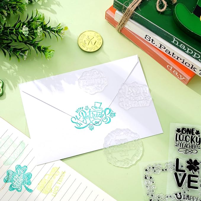 Whaline 5 Sheet St. Patrick's Day Clear Stamps Wreath Shamrock Lucky Words Silicone Transparent Stamps Border Stamp Cards for Irish DIY Crafts Card Making Scrapbooking Embossing Album Decor