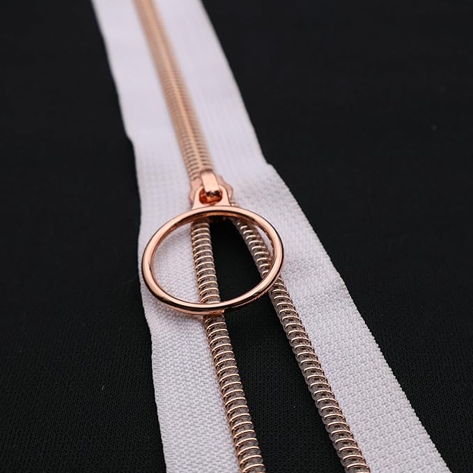 Leekayer #5 Rose Gold Metallic Teeth Nylon Coil Zippers by The Yard Bulk 10 Yards White Zipper Tape with 25pcs Rose Gold Ring Pull Sliders for DIY Sewing Tailor Craft Bag(White)