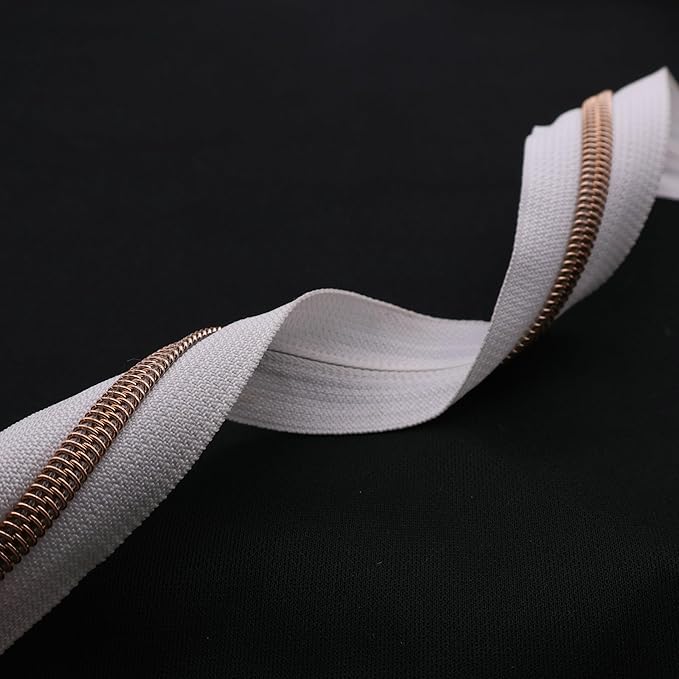 Leekayer #5 Rose Gold Metallic Teeth Nylon Coil Zippers by The Yard Bulk 10 Yards White Zipper Tape with 25pcs Rose Gold Ring Pull Sliders for DIY Sewing Tailor Craft Bag(White)