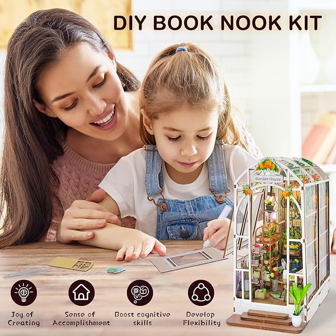 Book Nook Kits for Adults, Miniature House Dollhouse Kit for Teens, DIY Crafts for Adults, Bookshelf Decor Garden House with LED Light, Gifts for Family and Friends
