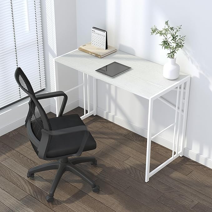 Folding Desk 40 inch Writing Gaming Computer Camping Table, No Assembly Required Home Office Desk, White