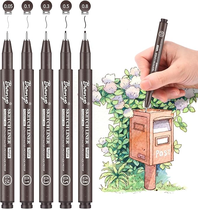 Bianyo Sepia Tone Art Pen Set, 5 Assorted Tips - Warm Pigment Ink Sketch Liner for Vintage Sketching, Nature Illustrations, and Elegant Calligraphy, Water-Resistant and Archival Quality