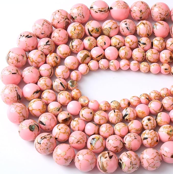 120PCS 6MM Pink Shell Turquoise Stone Beads with Mother-of-Pearl Round Beads for DIY Jewelry Making 2 Strands 32"