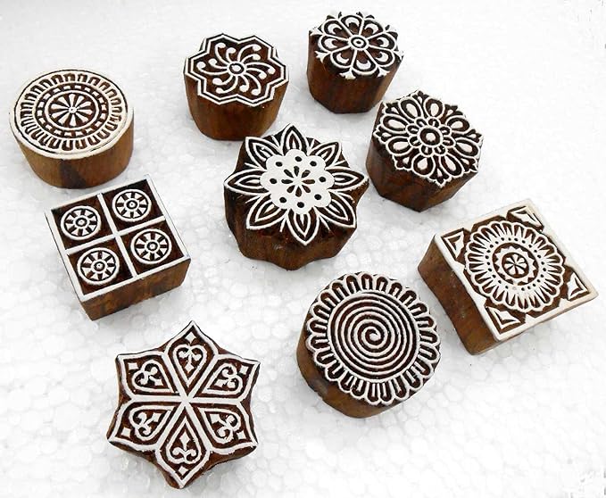 Handcarved Wooden Block Printing Stamps (Set of 9) for Textile Designing/Craft Printing Pattern for Saree/Scrapbookng/Tattoo