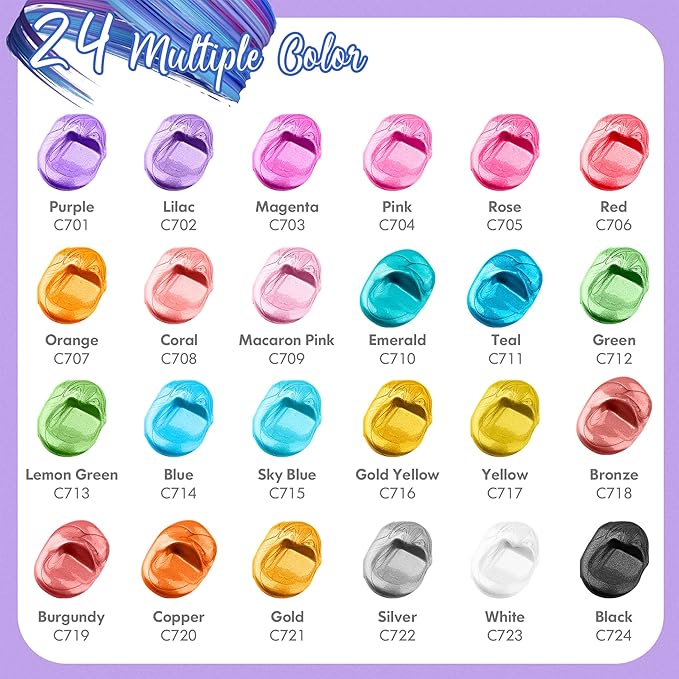Acrylic Paint Set With 12 Brushes, 24 Colors (59ml, 2oz) Art Craft Paints for Adults Artists Beginners Painters, Canvas Halloween Pumpkin Ceramic Wood Rock Painting Art Supplies (Metallic)