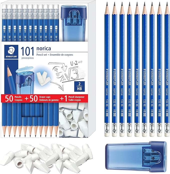 STAEDTLER Norica Pencil Set: 50 Pre-sharpened #2 HB Pencils with 50 Eraser Caps & Double-Hole Sharpener, Break-Resistant Lead, School Pack