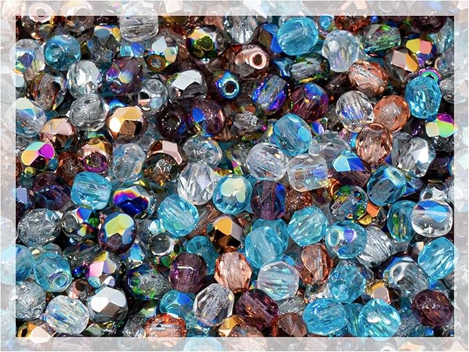 1.76oz Faceted Fire Polished Round Glass Beads 4mm (0.16in), Czech Republic Bohemian Glass Transparent Mix